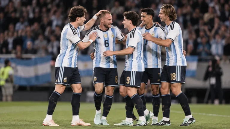 Argentijnse spelers vieren samen een moment op het veld tijdens een interland.