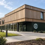 De ingang van het trainingscomplex van Lommel SK met het clubembleem op de gevel.