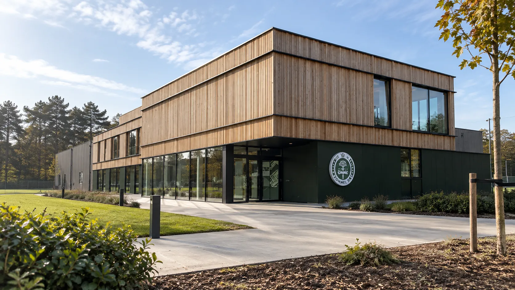 De ingang van het trainingscomplex van Lommel SK met het clubembleem op de gevel.