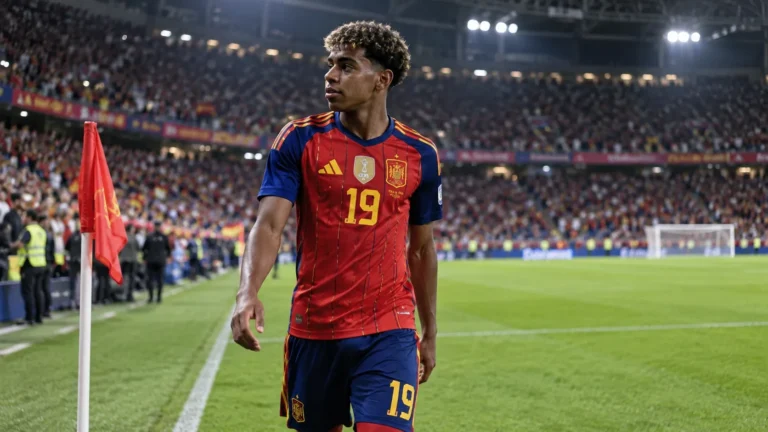 Lamine Yamal in het Spaanse tenue op het veld na een wedstrijd.