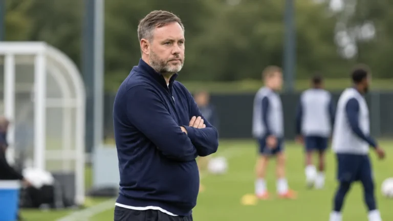 Michael Beale kijkt vanaf de zijlijn naar een voetbalveld.