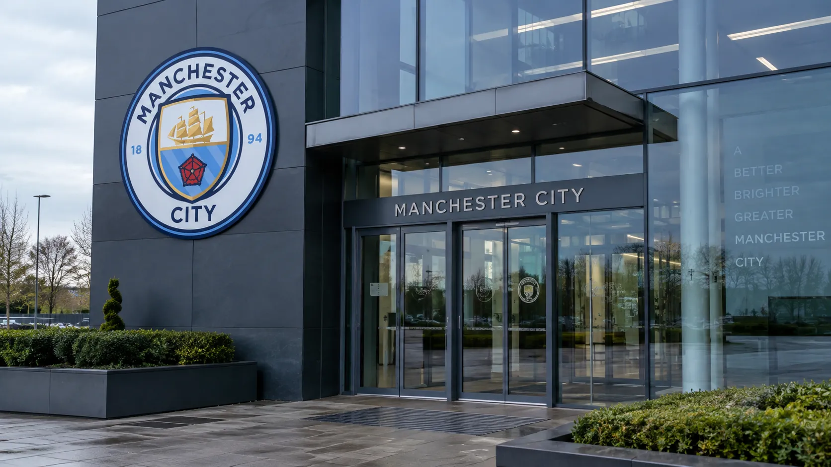 Lege ingang van een administratief gebouw van Manchester City met een vast clubembleem aan de gevel.