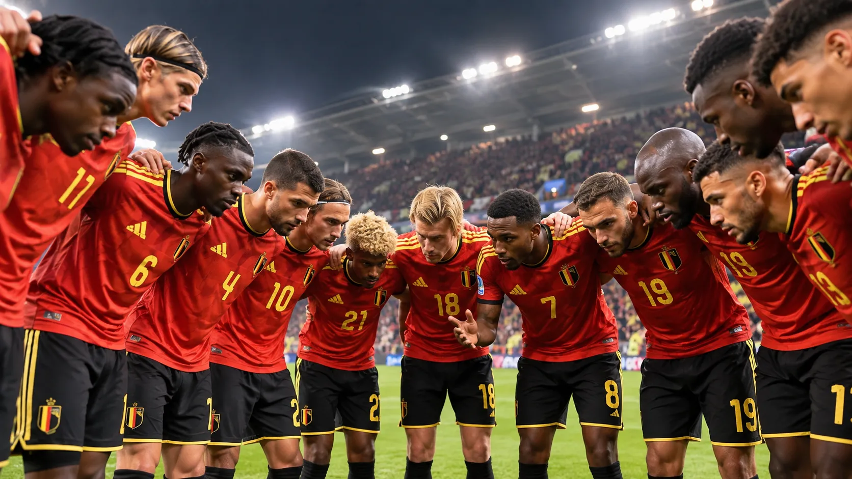 Spelers van de Belgische nationale ploeg verzamelen in een huddle op het veld.