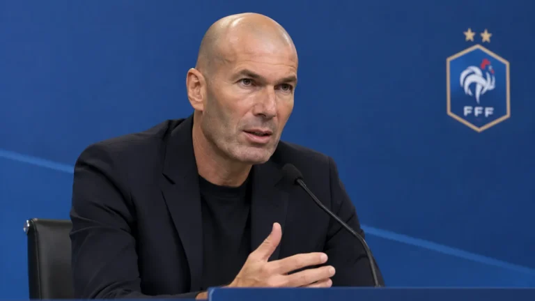 Zinedine Zidane tijdens een persmoment voor een blauwe Franse media-achterwand.