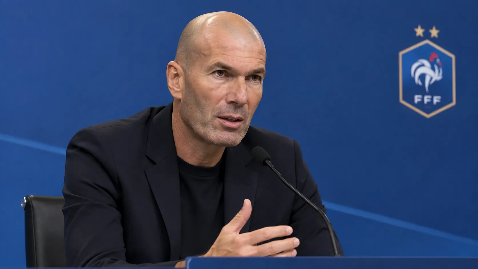 Zinedine Zidane tijdens een persmoment voor een blauwe Franse media-achterwand.