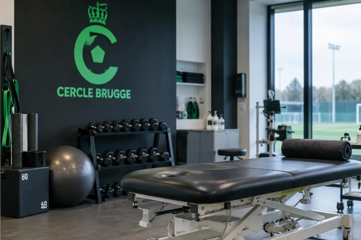 Lege herstelruimte van Cercle Brugge met een clubembleem op de muur.
