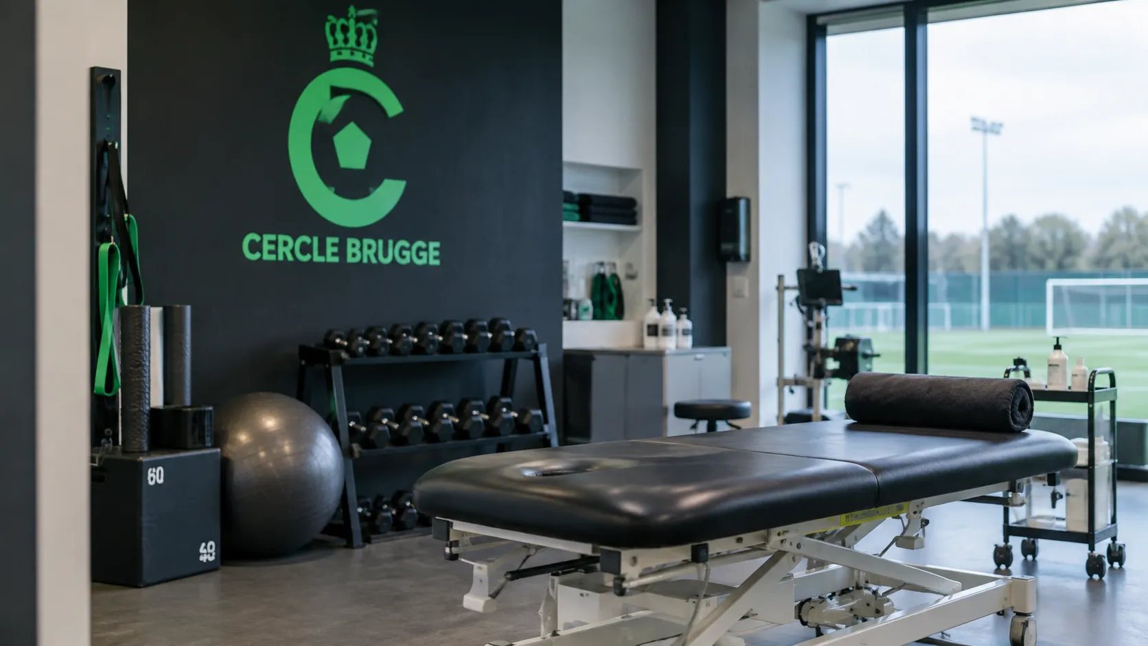 Lege herstelruimte van Cercle Brugge met een clubembleem op de muur.