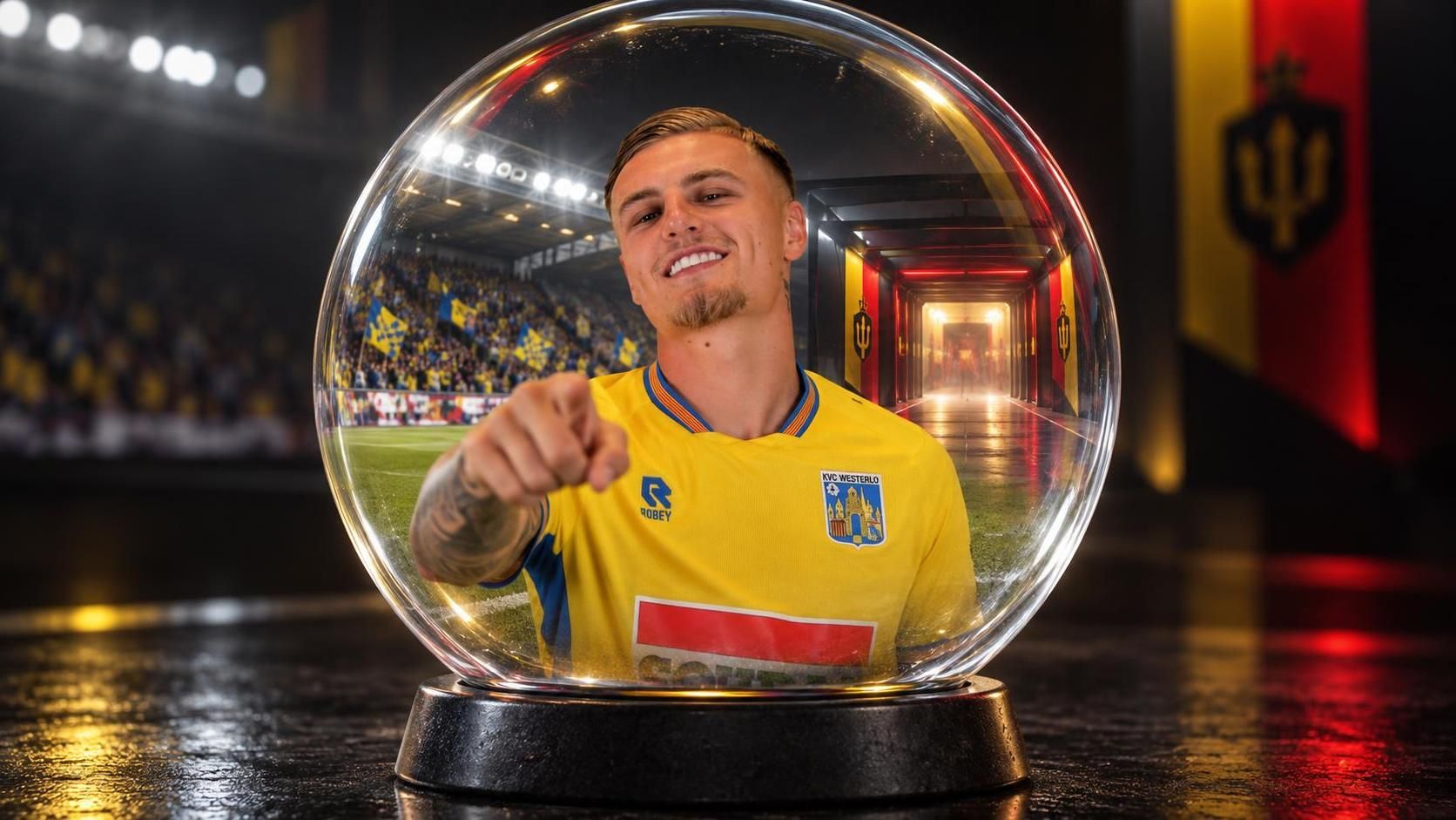Norman Bassette in Westerlo-context met een geprojecteerde route naar de Rode Duivels in de glazen bol