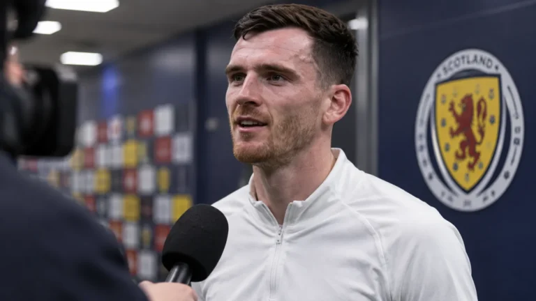 Andy Robertson tijdens een interview na de wedstrijd, met een discreet Schots voetbalembleem in de mixed zone.