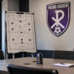 Een lege tactische vergaderruimte bij Patro Eisden met een magnetisch speelbord en een clubembleem op de wand.