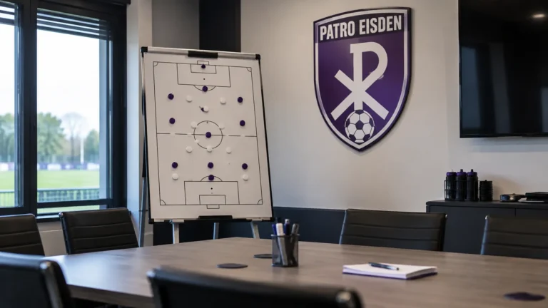Een lege tactische vergaderruimte bij Patro Eisden met een magnetisch speelbord en een clubembleem op de wand.