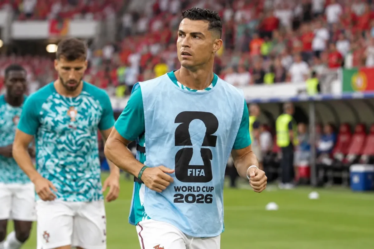 Cristiano Ronaldo tijdens een opwarming met de Portugese nationale ploeg in een stadion.