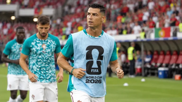 Cristiano Ronaldo tijdens een opwarming met de Portugese nationale ploeg in een stadion.