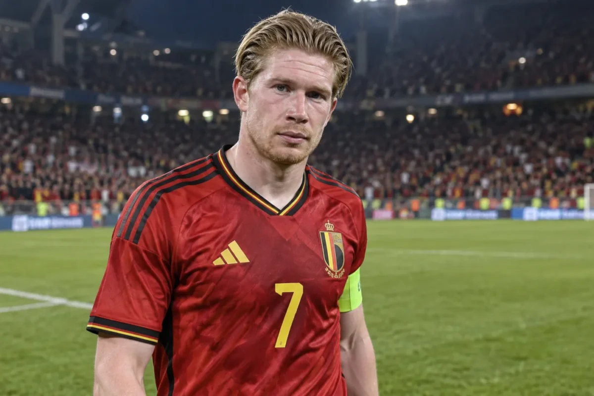Kevin De Bruyne in het rode tenue van de Rode Duivels op het veld van een internationaal stadion.
