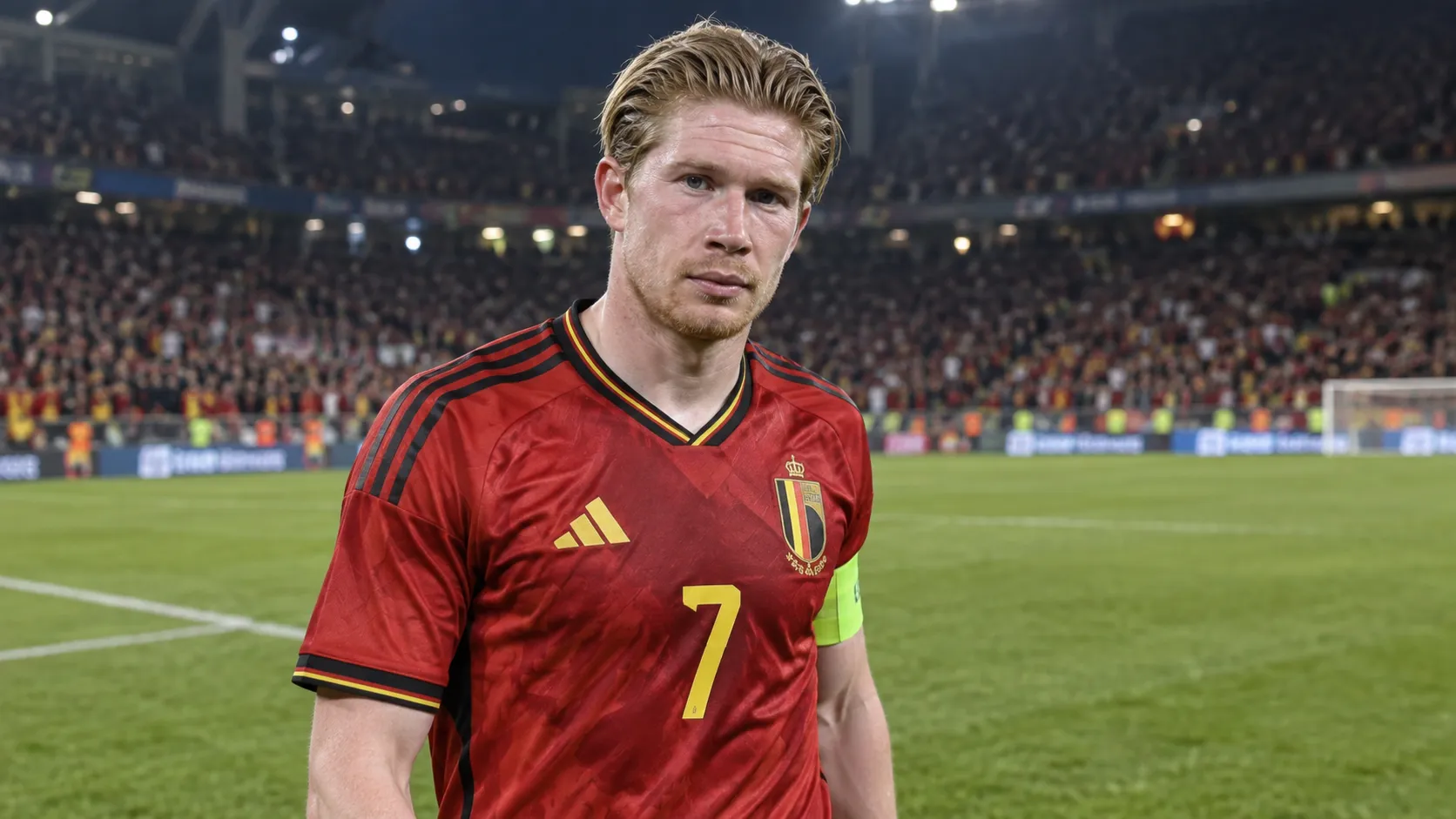 Kevin De Bruyne in het rode tenue van de Rode Duivels op het veld van een internationaal stadion.
