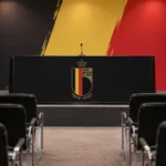 Een lege lessenaar in een perszaal van de Belgische nationale ploeg.