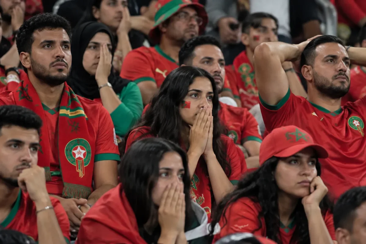 Marokkaanse supporters reageren ingetogen in de tribune na een gelijkspel tegen Mali.