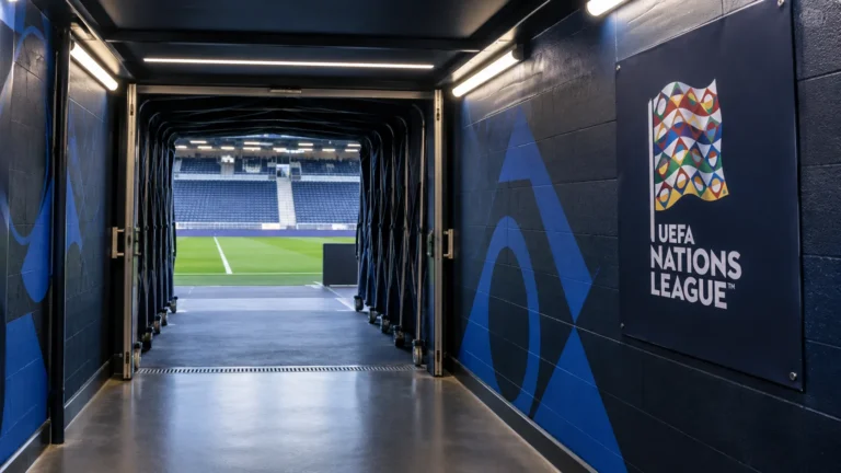 Lege toegang tot een spelerstunnel met een fysieke UEFA Nations League-aanduiding aan de wand.