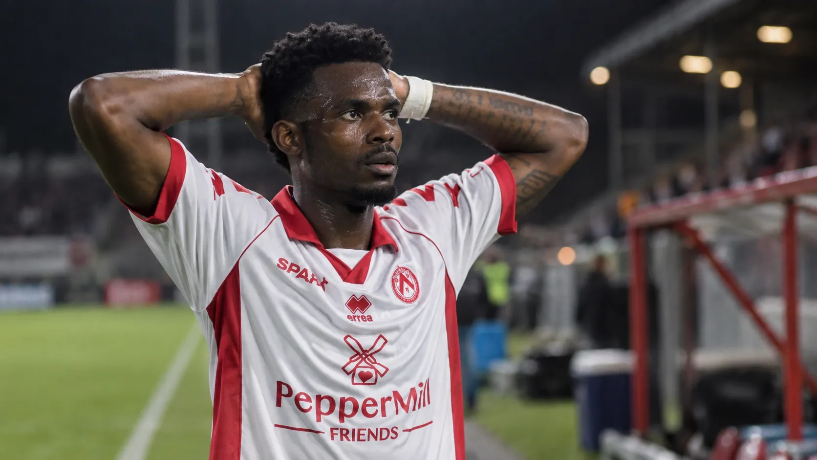 Een KV Kortrijk-speler in een wit-rood shirt reageert ontgoocheld op het veld.