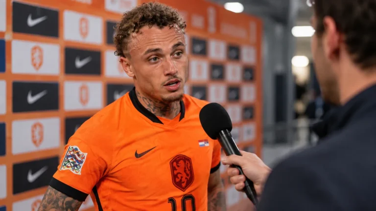 Noa Lang in het oranje shirt van Nederland tijdens een interview in de mixed zone.