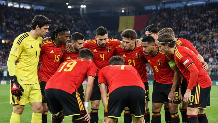 Een groep Belgische internationals in rode nationale tenues verzamelt zich op het veld voor een wedstrijd.
