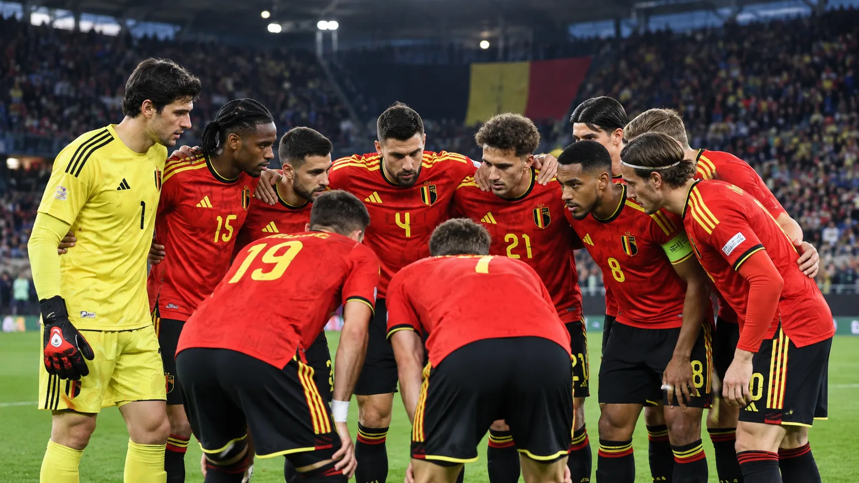 Een groep Belgische internationals in rode nationale tenues verzamelt zich op het veld voor een wedstrijd.