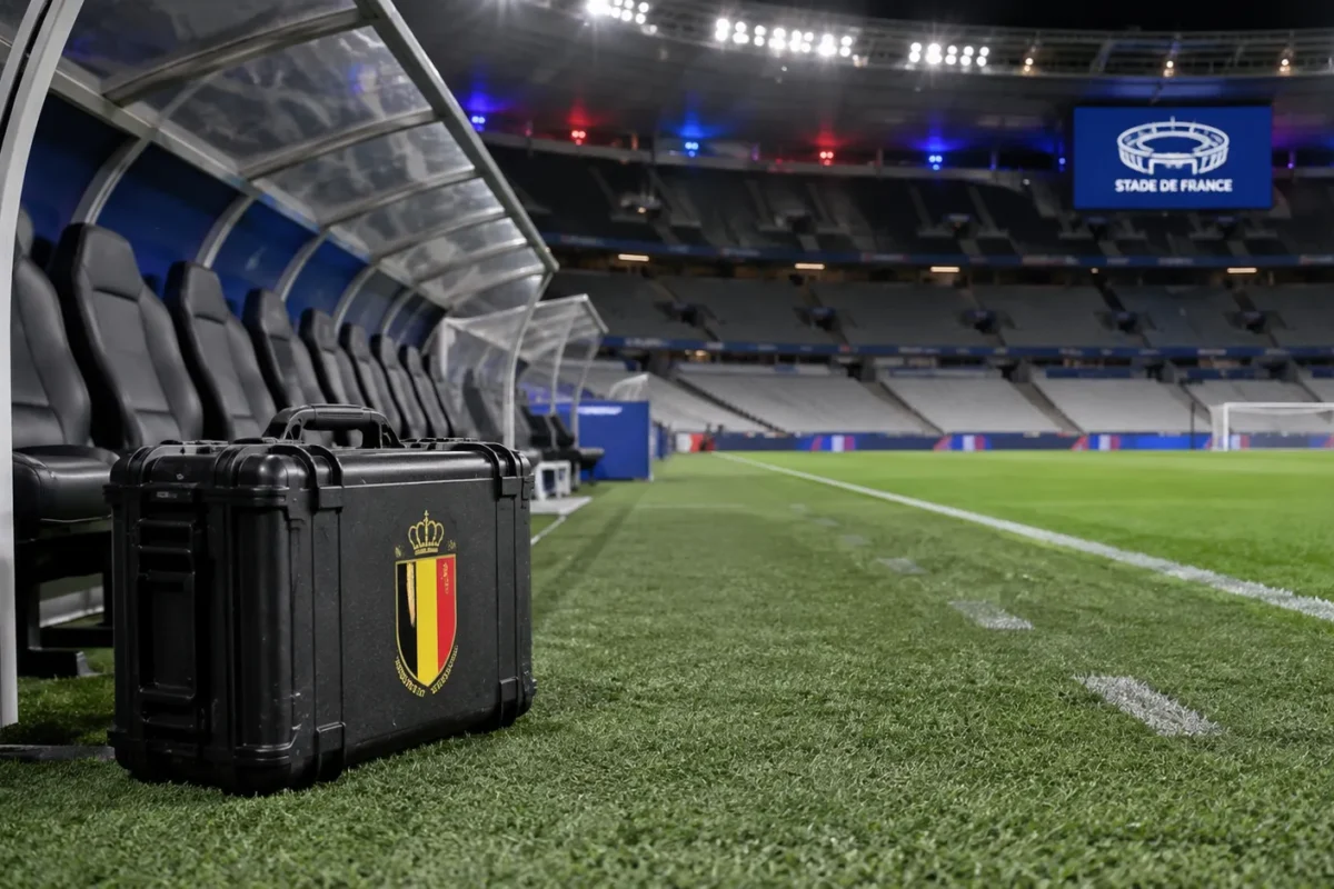 Lege Belgische technische zone in het Stade de France met een teamkoffer naast de zijlijn.