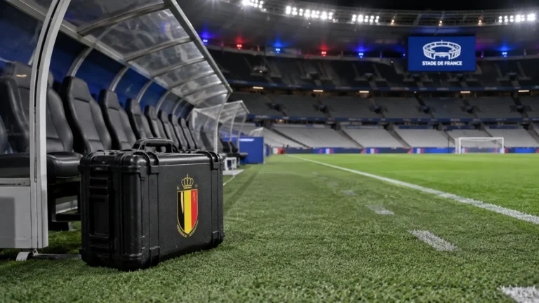 Lege Belgische technische zone in het Stade de France met een teamkoffer naast de zijlijn.