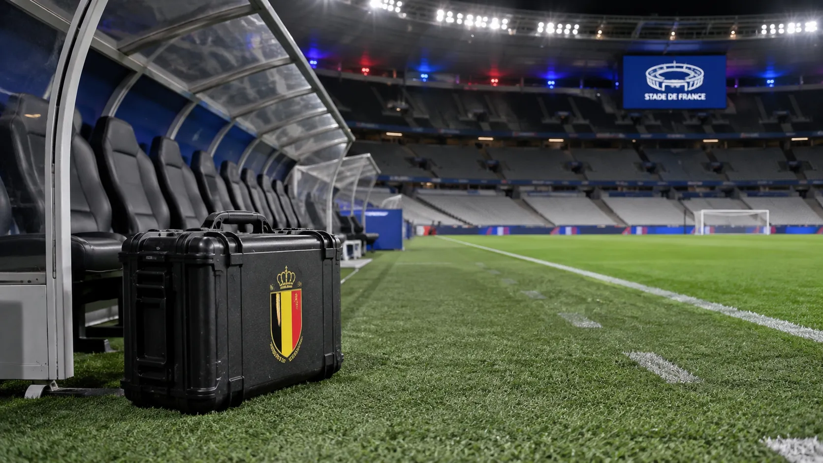 Lege Belgische technische zone in het Stade de France met een teamkoffer naast de zijlijn.