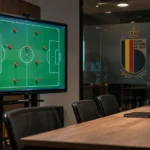 Lege tactische analyseruimte van de Belgische nationale ploeg met een voetbalbord en Belgisch embleem op de wand.