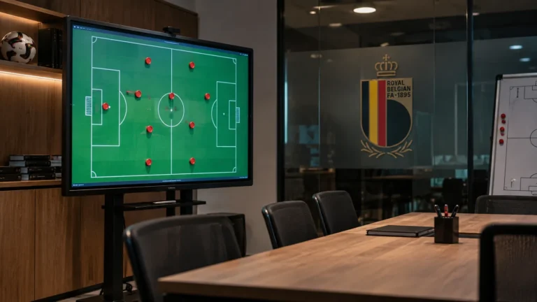 Lege tactische analyseruimte van de Belgische nationale ploeg met een voetbalbord en Belgisch embleem op de wand.