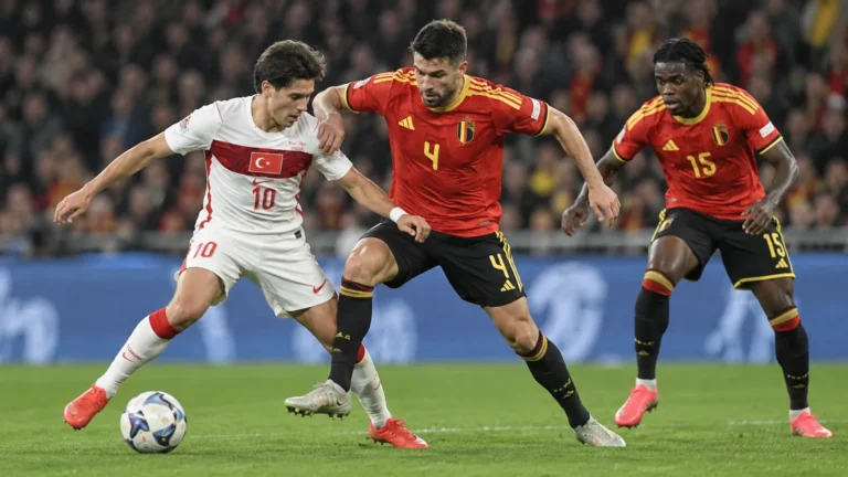 Internationale voetballers in duel om de bal tijdens een wedstrijd.