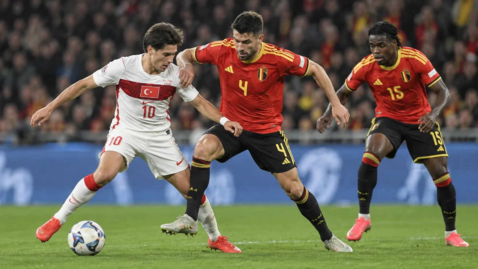 Internationale voetballers in duel om de bal tijdens een wedstrijd.