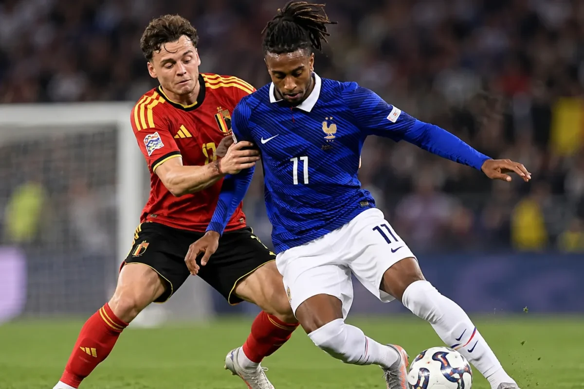 Een Belgische en een Franse speler vechten om de bal tijdens een interlandduel.