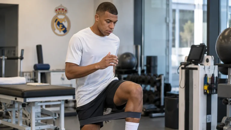 Kylian Mbappé in neutrale sportkleding in een herstelruimte van Real Madrid.