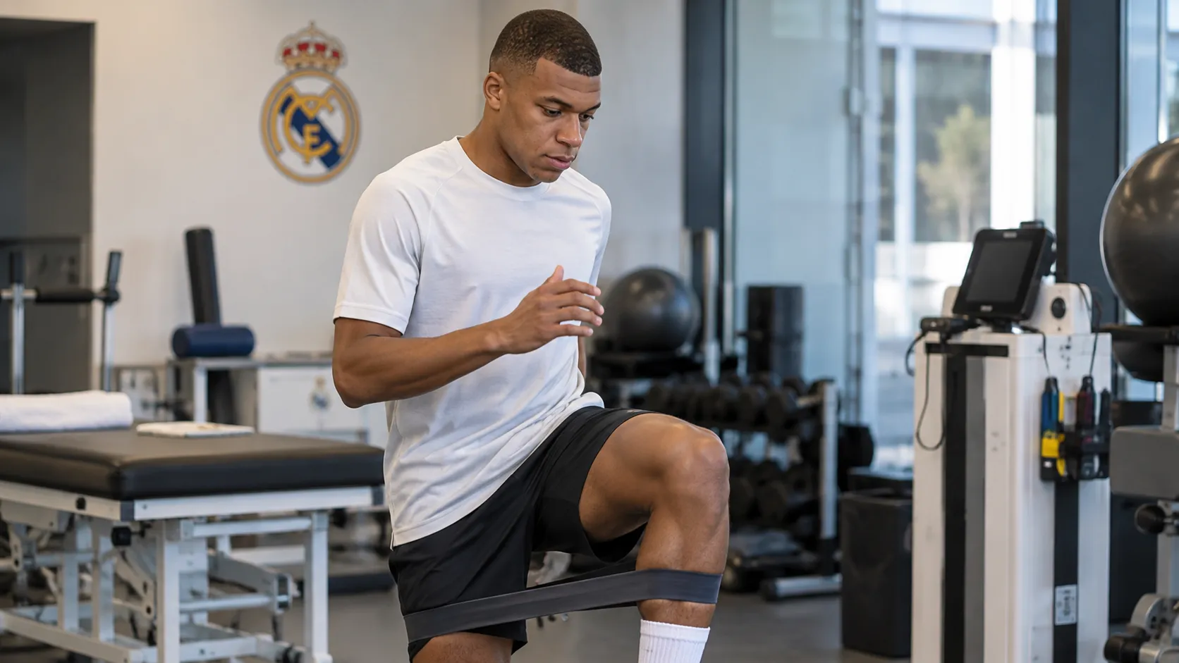 Kylian Mbappé in neutrale sportkleding in een herstelruimte van Real Madrid.