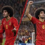Fellaini ziet links zijn goal afgekeurd en viert rechts een denkbeeldig Belgisch WK-ticket