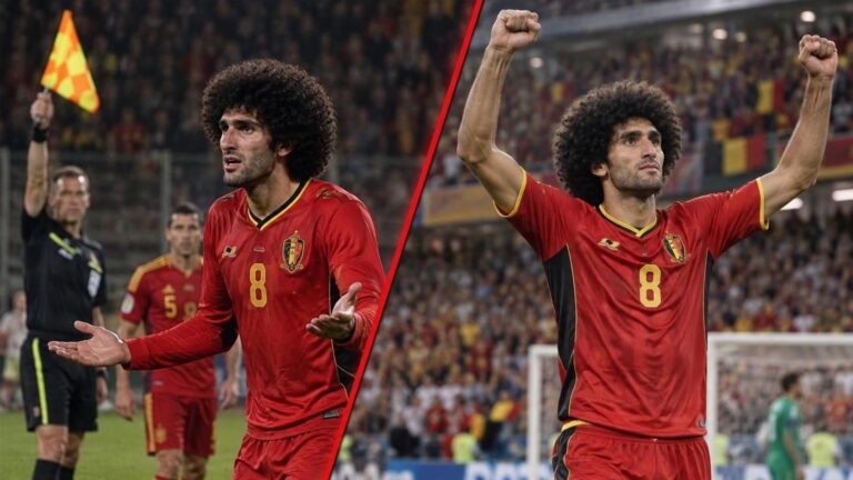 Fellaini ziet links zijn goal afgekeurd en viert rechts een denkbeeldig Belgisch WK-ticket