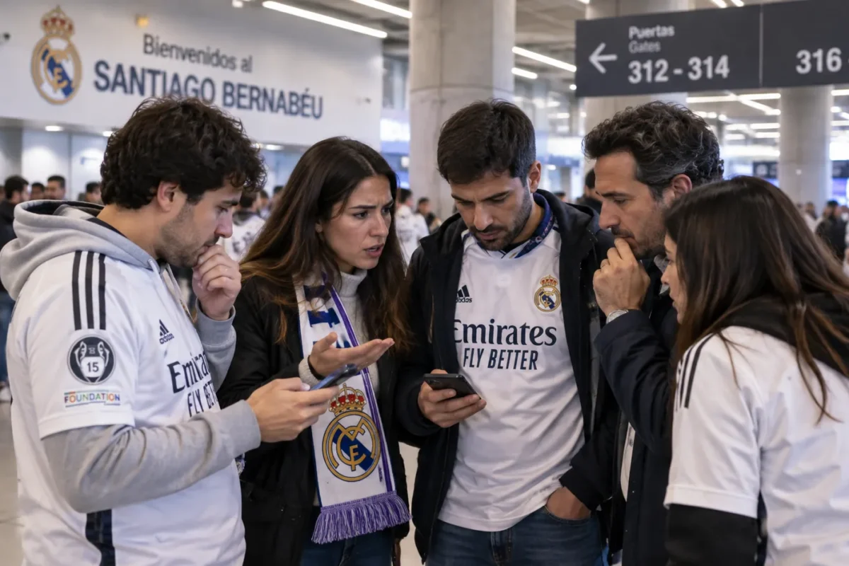 Een groep Real Madrid-supporters bekijkt smartphones in een stadionconcourse.