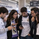 Een groep Real Madrid-supporters bekijkt smartphones in een stadionconcourse.