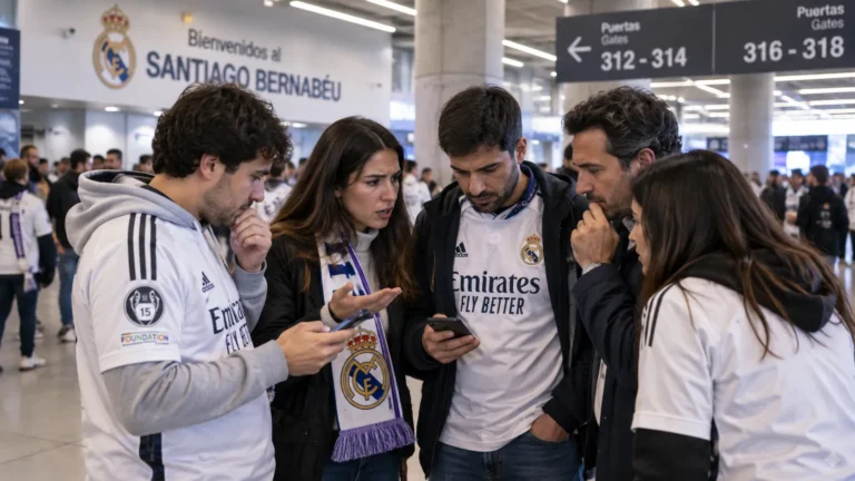 Een groep Real Madrid-supporters bekijkt smartphones in een stadionconcourse.
