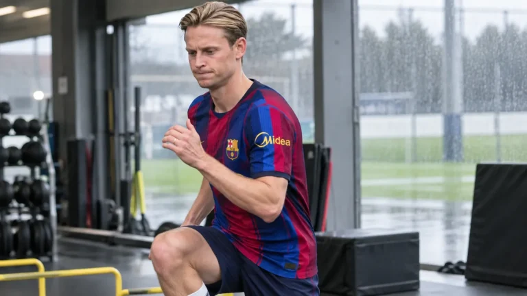 Frenkie de Jong werkt individueel met een bal op het trainingscomplex.
