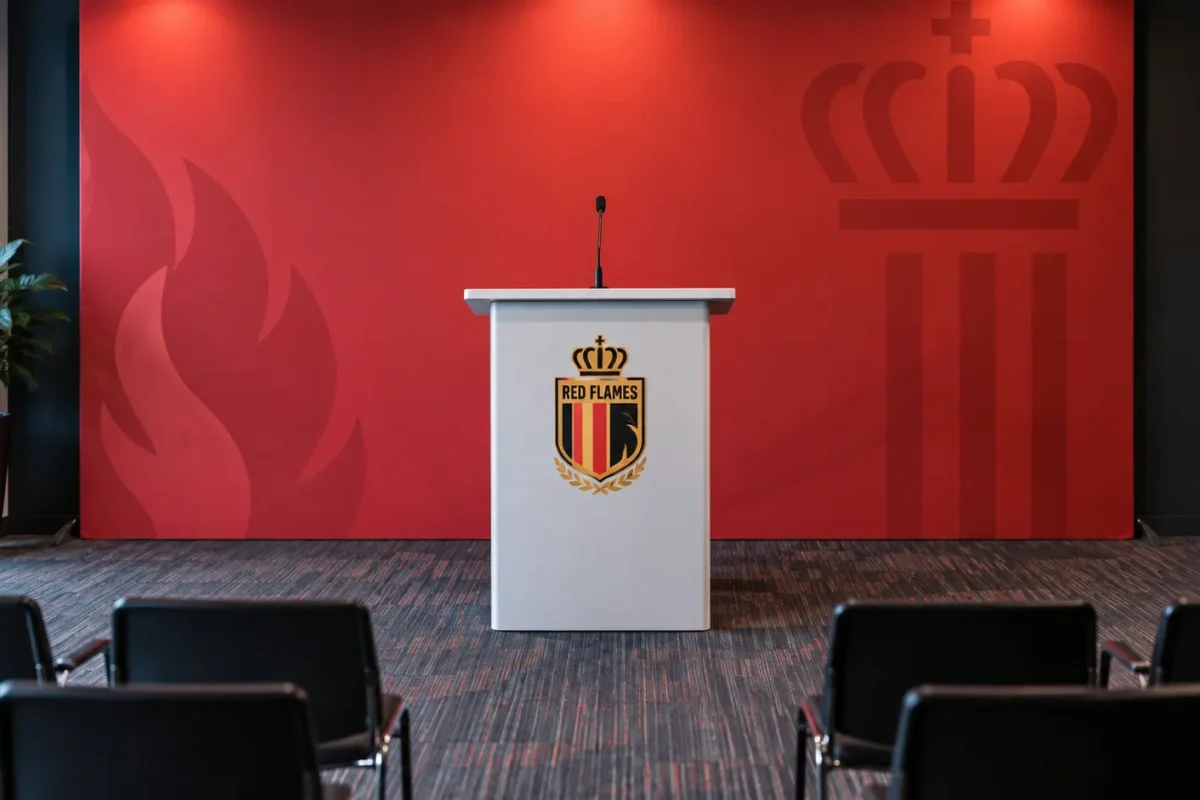 Een lege lessenaar in een persruimte van de Red Flames.