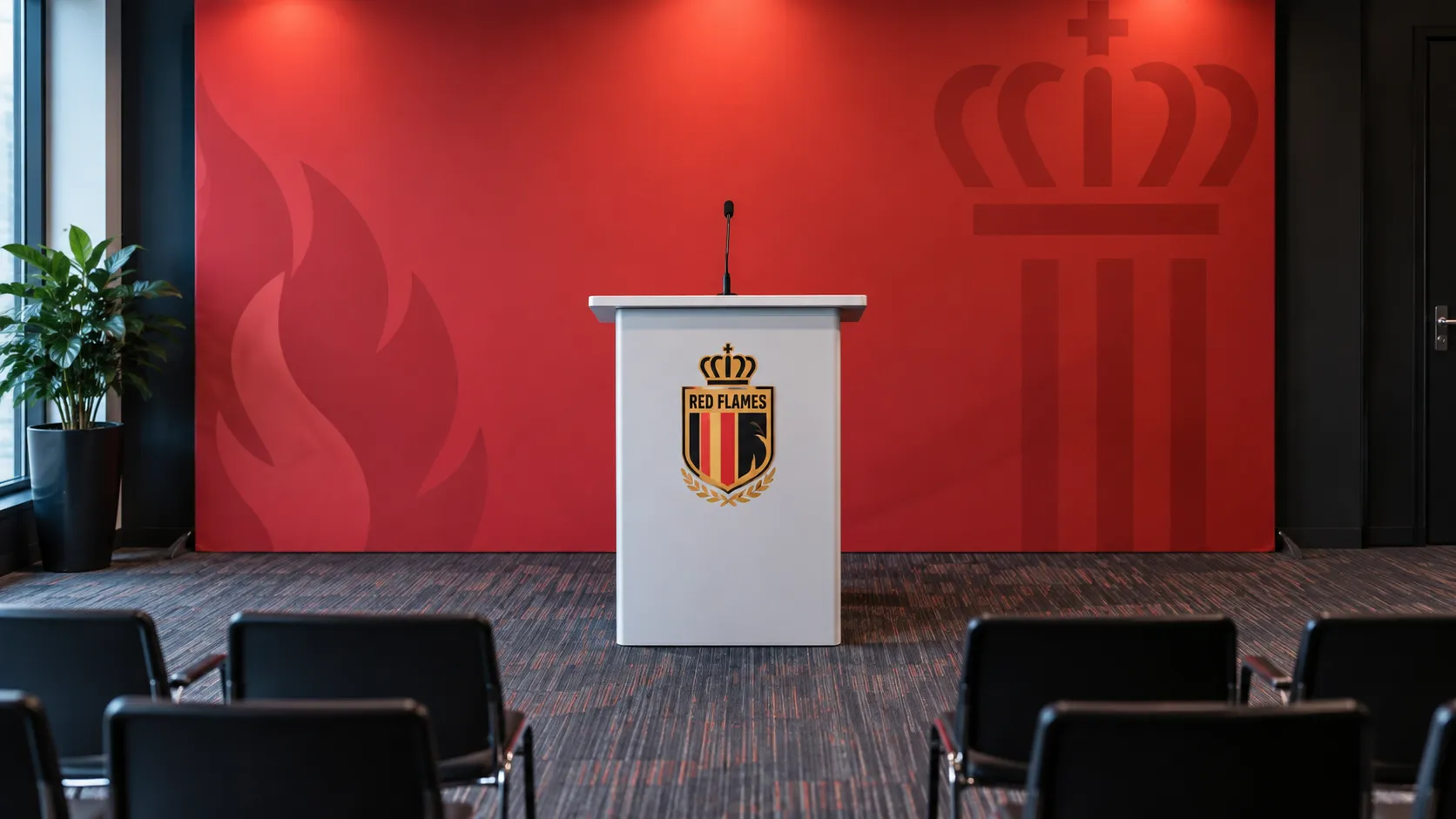 Een lege lessenaar in een persruimte van de Red Flames.