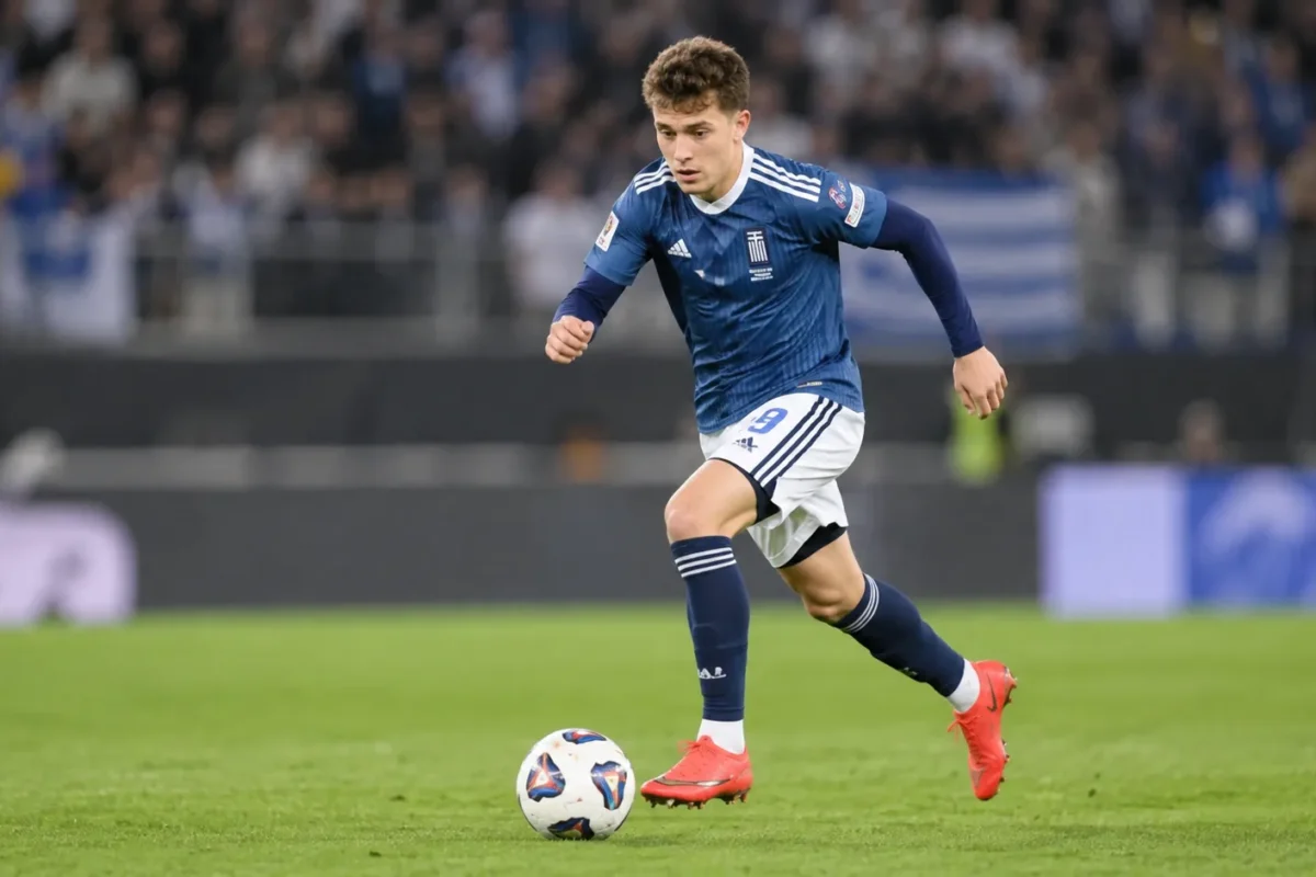 Een jonge voetballer in een blauw tenue tijdens een wedstrijd op een grasveld.
