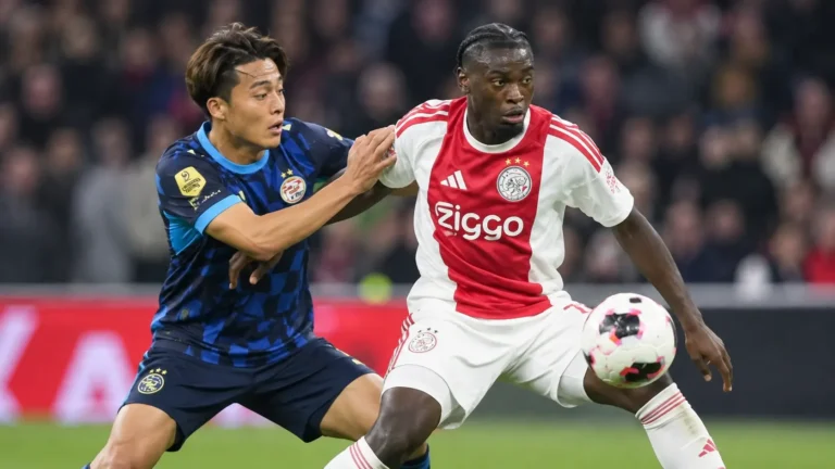 Jorthy Mokio in actie in het rood-witte shirt van Ajax tijdens een voetbalwedstrijd.