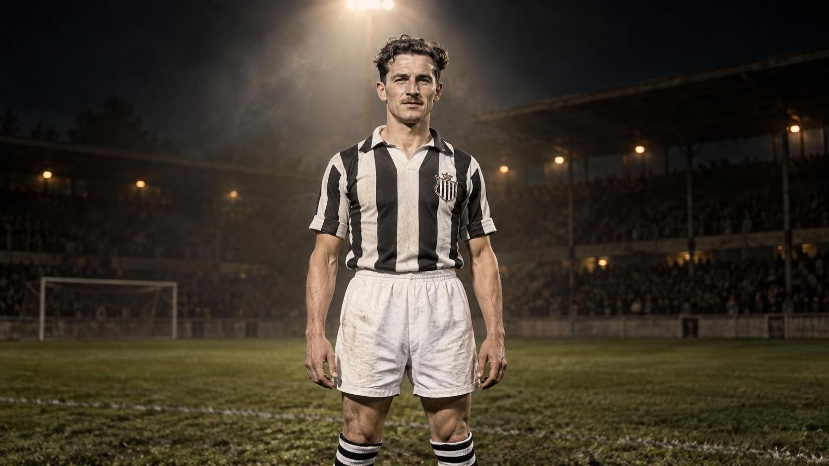 René Thirifays in het zwart-wit van Sporting Charleroi onder één krachtige stadionspot