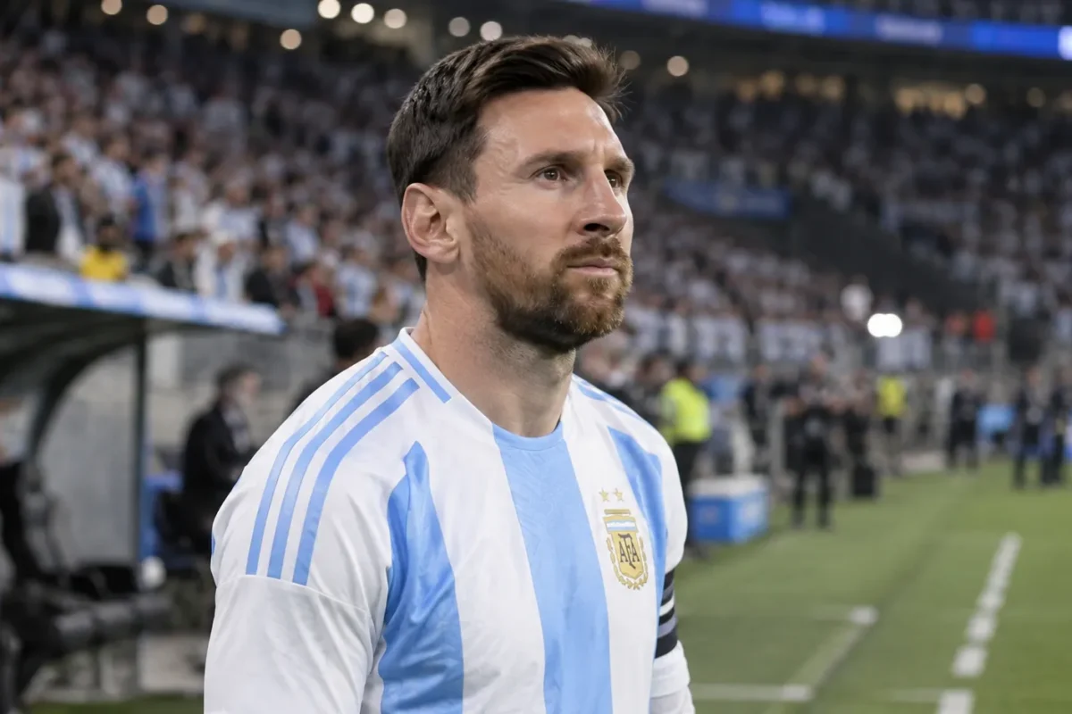 Lionel Messi in het shirt van Argentinië aan de zijlijn van een stadion.