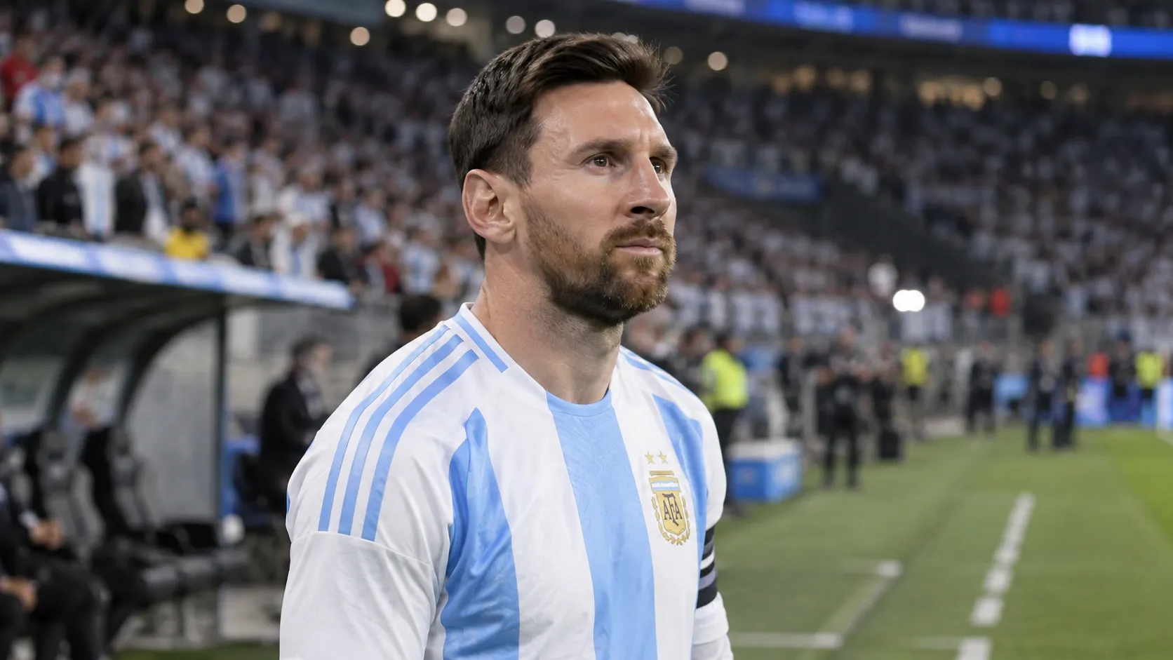 Lionel Messi in het shirt van Argentinië aan de zijlijn van een stadion.
