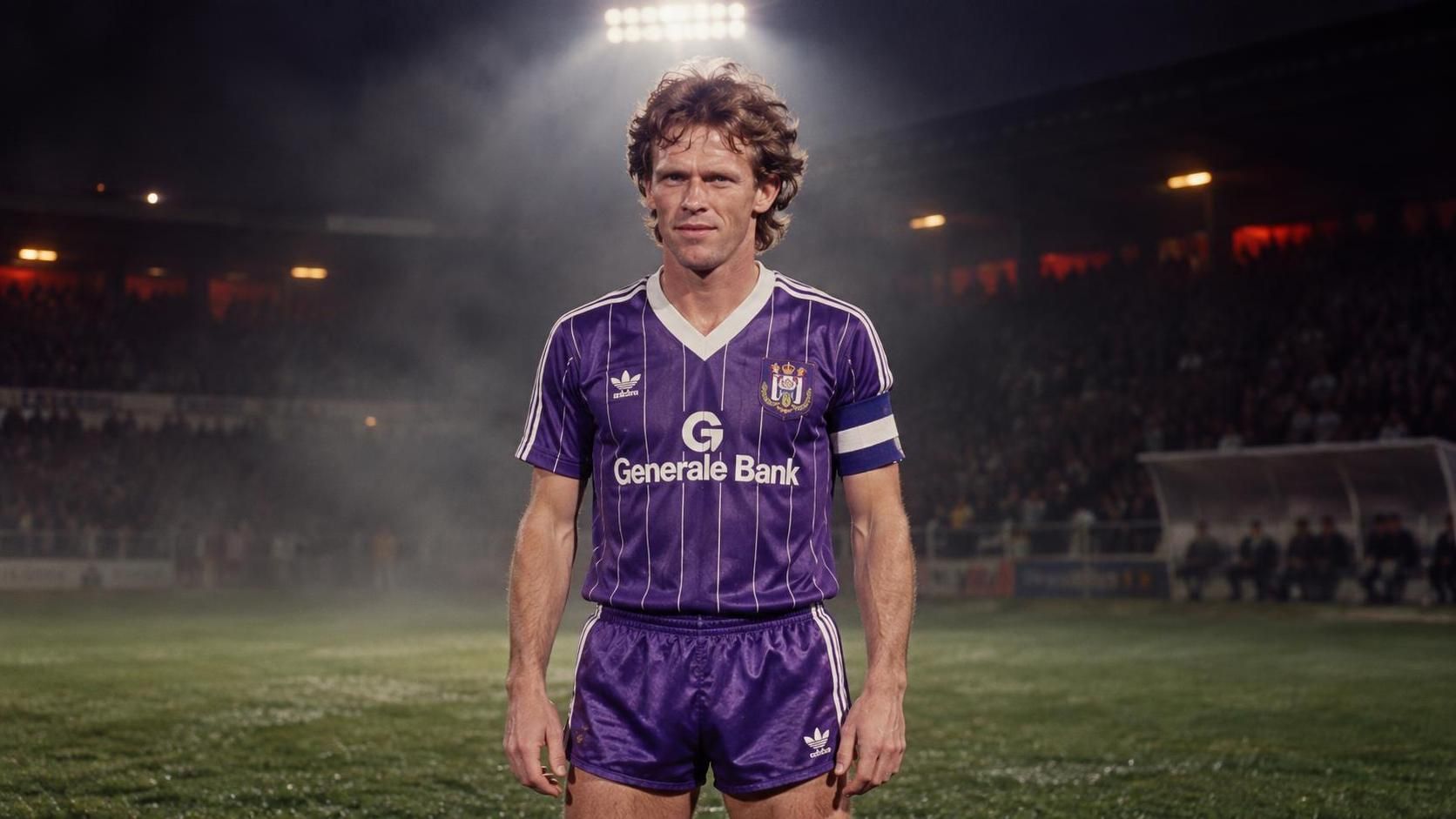 Franky Vercauteren in Anderlecht-tenue van 1983 onder één krachtige stadionspot